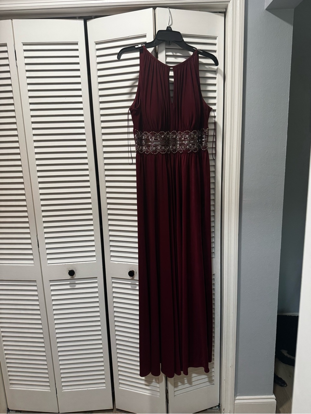 R&M Richards Burgundy Maxi Gown with Beaded Waistband